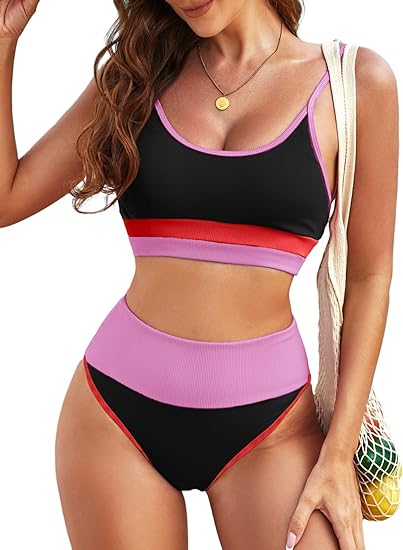 Photo 1 of {XS} Herseas 2 Piece High Waisted Bikini Set for Women Cute Color Block Striped Sporty Swimsuit Knit Ribbed Bathing Suit
