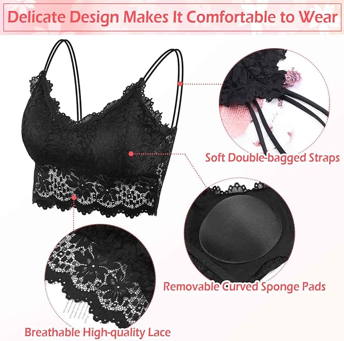 Photo 2 of Small PAXCOO 6 Pcs Lace Bralette for Women, Lace Bralette Padded Lace Bandeau Bra with Straps for Women Girls
