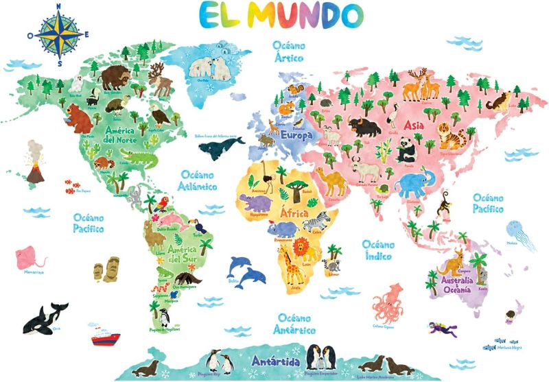 Photo 1 of DECOWALL SG2-1615SES Spanish Animal World Map Kids Wall Stickers Decals mapa del Mundo Animal Peel and Stick Removable for Nursery Bedroom Living Room Art murals Decorations