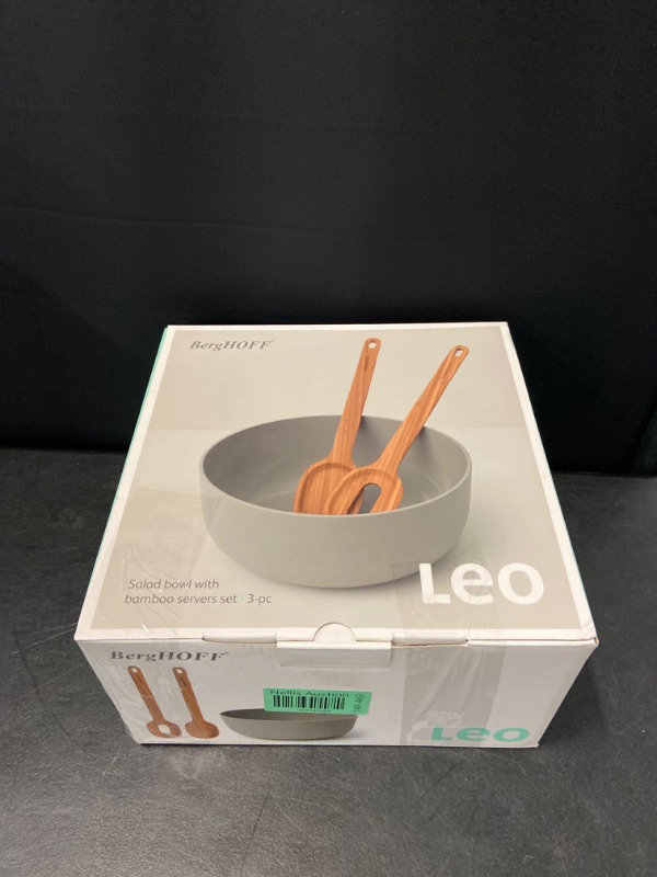 Photo 2 of BergHOFF Leo 24cm Bamboo Salad Bowl and Silicone Servers, 3 Piece Set, 24 x 30 x 6 cm, Grey