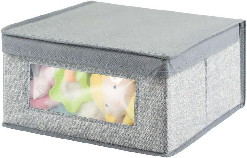 Photo 1 of 2 Pack- mDesign Medium Soft Stackable Fabric Baby Nursery Storage Organizer Holder Bin Box with Front Window/Lid for Child/Kids Bedroom, Playroom, Classroom, Lido Collection, 2 Pack, Gray