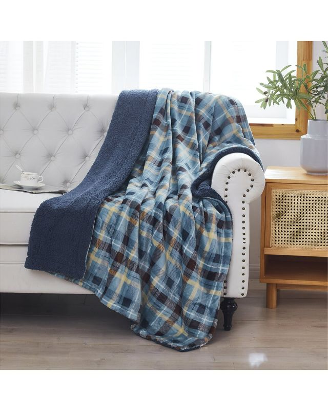Photo 1 of Blue Reversible Plaid Fleece 50 x 60-Inch Machine-Washable Sherpa Throw – Cozy Blanket for Couch, Chair, or Bed, 50" x 60"