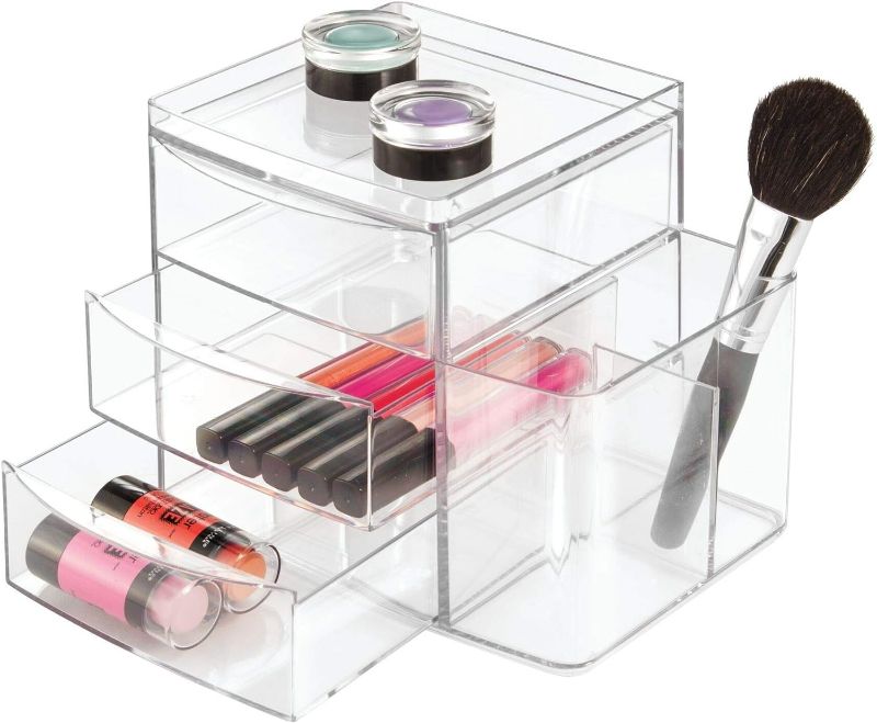 Photo 1 of iDesign Clarity Cosmetic Organizer for Vanity Cabinet to Hold Makeup, Brushes, Beauty Products - 3 Drawers and Caddy, Clear