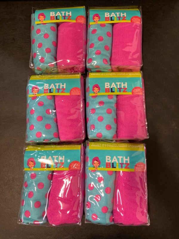 Photo 2 of 6 Pack Bath Blitz Microfiber Turban Towels 1 Pink & 1 Purple With Pink Polka Dots For Girls Night - Party Favors - Spa Days
