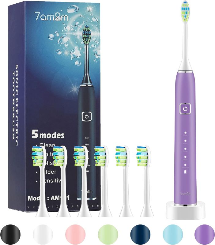 Photo 1 of 7AM2M Sonic Electric Toothbrush with 6 Brush Heads for Adults and Kids, One Charge for 90 Days, Wireless Fast Charge, 5 Modes with 2 Minutes Built in Smart Timer, Electric Toothbrushes(Purple)
