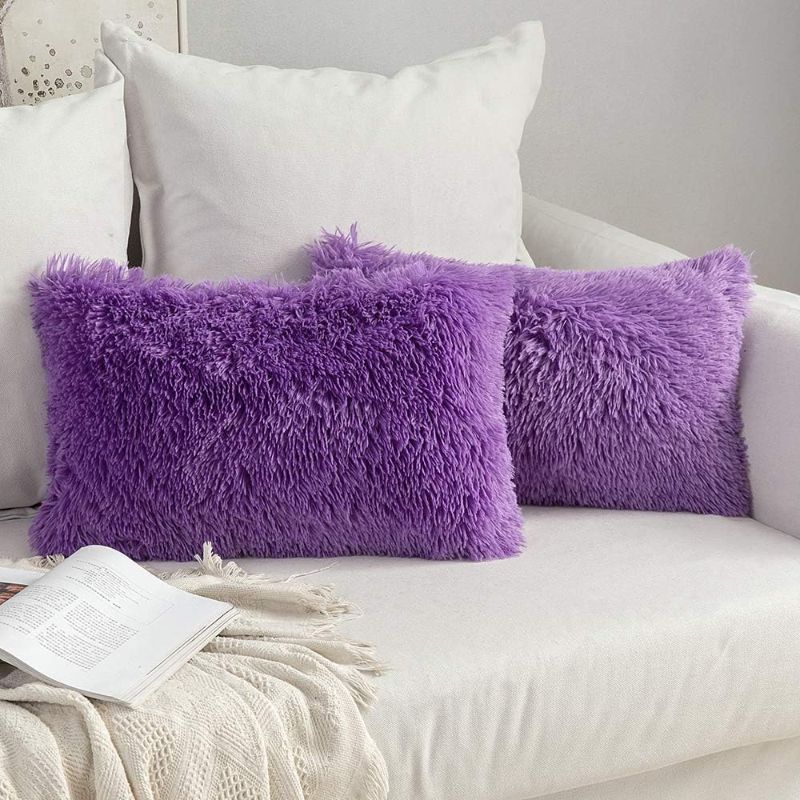 Photo 1 of MIULEE Pack of 2 Luxury Faux Fur Fluffy Throw Pillow Covers Set Soft Deluxe Decorative Plush Fleece Pillowcases for Cushion Couch Sofa Bedroom Home 12 x 20 Inch Purple
