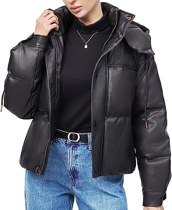 Photo 1 of Yembulk Women's Winter Coats Hooded Puffer Jacket Women High Collar Long-sleeve Water-resistant Warm Lightweight Thick Winter Outerwear Full Zip Snaps Winter Jackets Short Down Coat with Pockets Black