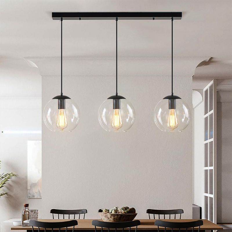 Photo 1 of 3 Lights Globe Pendant Light, Modern Hanging Lighting Fixture, Matte Black Classic Cluster Chandelier with Clear Glass Shades