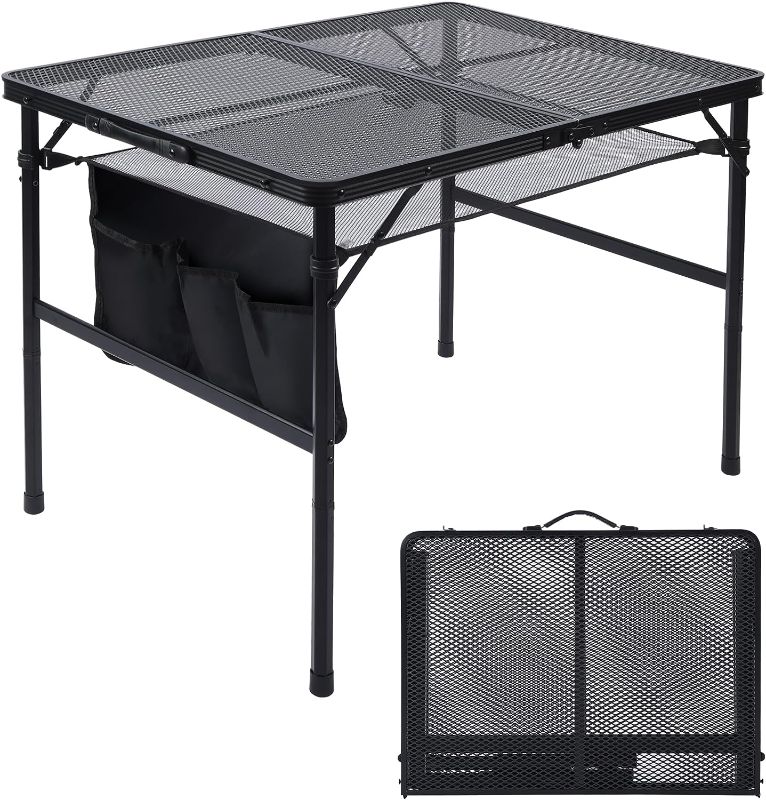 Photo 1 of Folding Grill Table, 3x2 FT Portable Camping Table, Lightweight Height Adjustable Metal Table with Mesh Desktop and Mesh Bag, Outdoor Table for Camping, Picnic, Beach and BBQ, Black