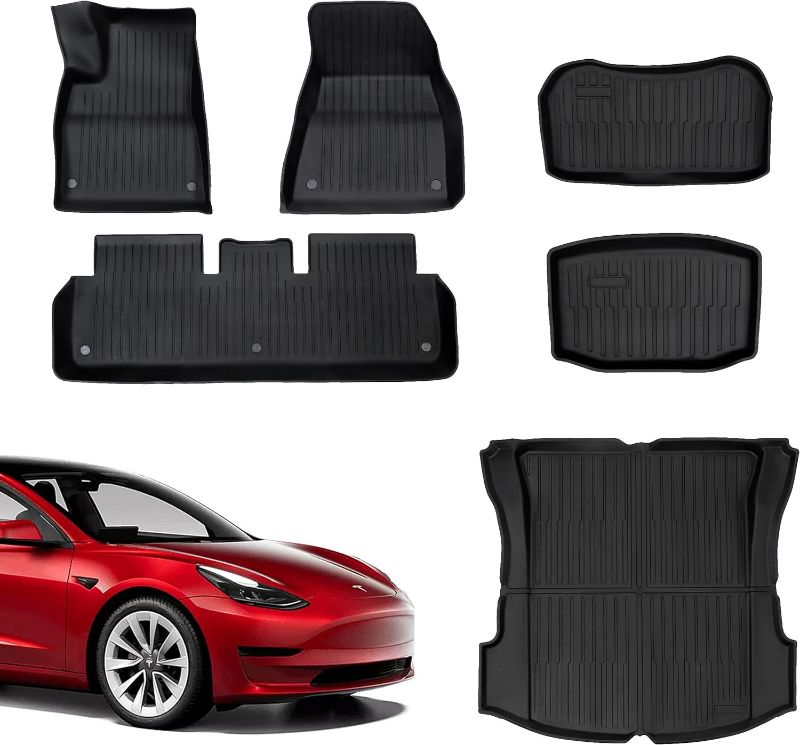 Photo 1 of Houseables Tesla Model 3 Floor Mats, All Weather Liners, 6 Piece Set, TPE Mat for Front, Rear, Frunk, Trunk, Cargo Well, Fits 2023, 2022, 2021, Late 2020, All-Weather Covers, Interior Accessories