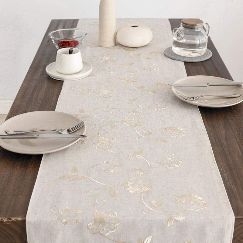 Photo 1 of jinchan Embroidered Table Runner Farmhouse Linen Table Runner Floral Table Runners 72 Inches Long Decorative Elegance Coffee Table Runner for Dresser Dining Room 1 Panel 16x72 Inch Beige