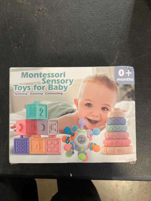 Photo 2 of Jyusmile Baby Sensory Teething Toys Set, Montessori Baby Toys 6-12 Months, Incl Newborn Rattle Teether & Baby Blocks & Soft Stacking Rings, Ideal Baby Boy Girl Gifts, Infant Toys 0-3-6-9-12-18 Month