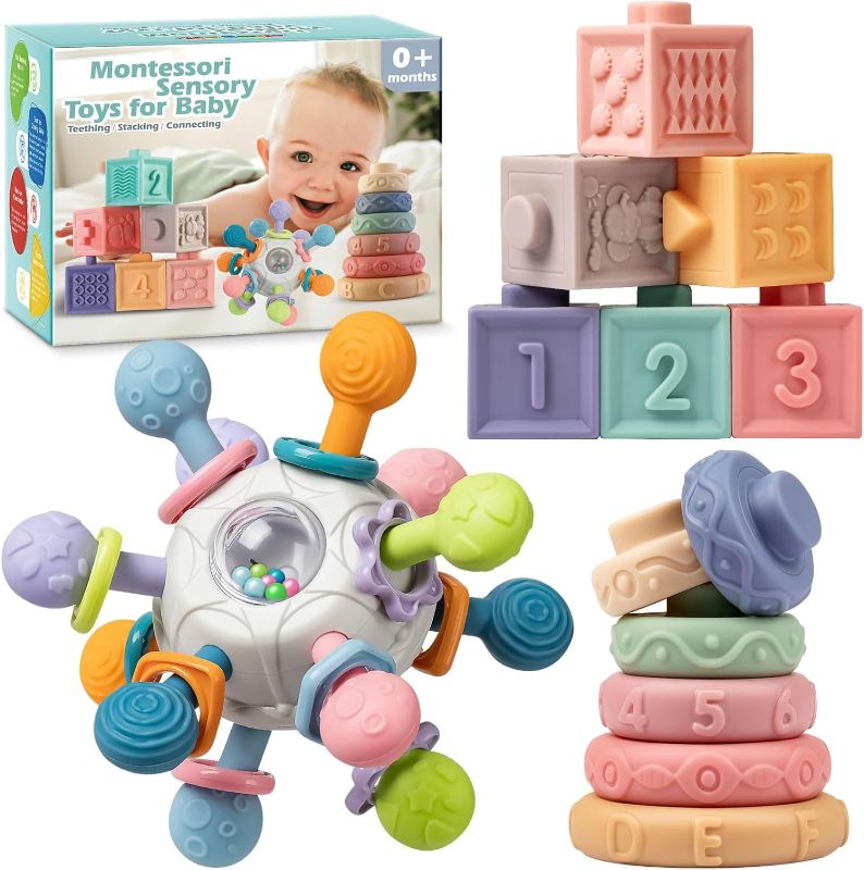 Photo 1 of Jyusmile Baby Sensory Teething Toys Set, Montessori Baby Toys 6-12 Months, Incl Newborn Rattle Teether & Baby Blocks & Soft Stacking Rings, Ideal Baby Boy Girl Gifts, Infant Toys 0-3-6-9-12-18 Month