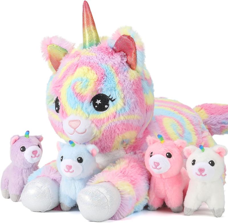 Photo 1 of 22inch Unicorn Stuffed Animals Cat Plush for Girls, Momma Cat Plushie with 4pcs Baby Kitty Toys, 5 in 1 Surprise Gifts Playset