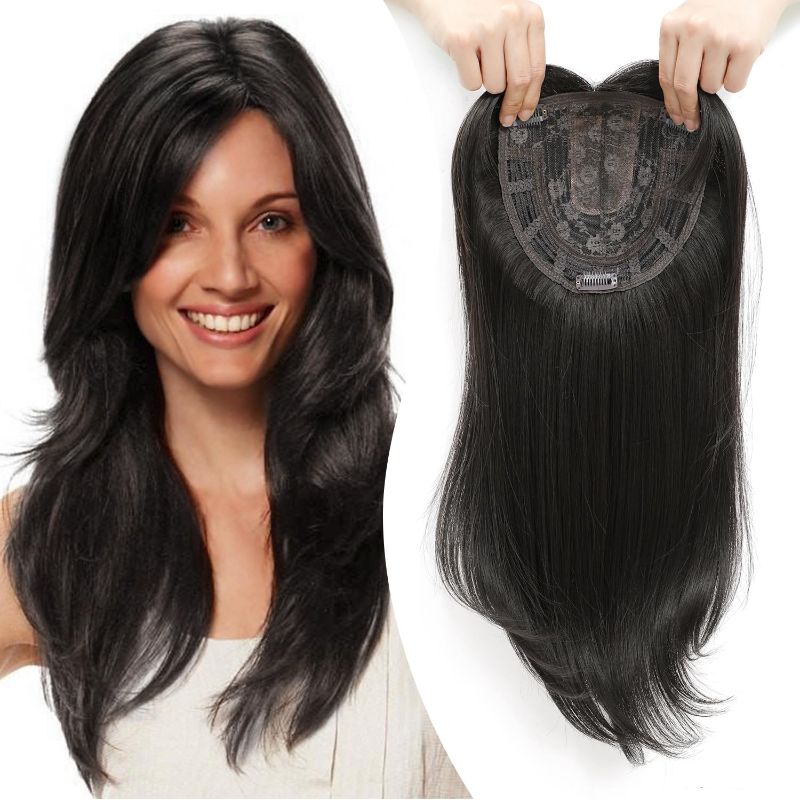 Photo 1 of Ms Taj 18 Inch Hair Topper Long Layered Hair Toppers for Women Synthetic Hair Toppers for Women with Thinning Hair Brown black Fiber Wiglets Ladies Toppers Hair Pieces for Women
