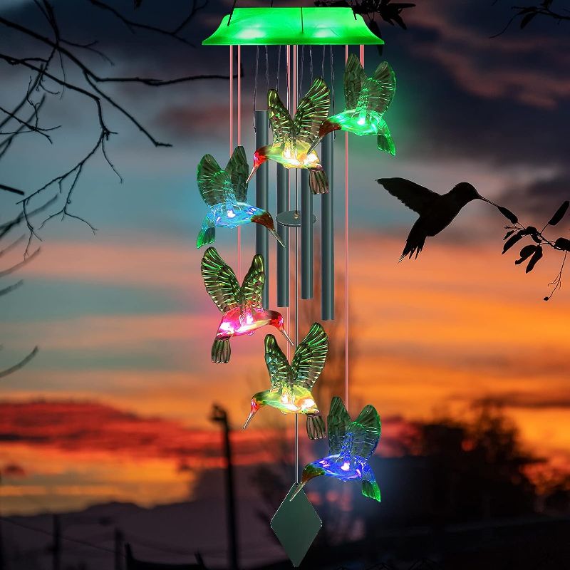 Photo 1 of Solar Wind Chimes for Outside - 37" WANQDG 6 LED Hummingbird Color Changing Wind Chime with 4 Green Metal Tube, Music Wind Chimes Great as a Gift for Women mom Grandma Best Friends' Birthday Gift
