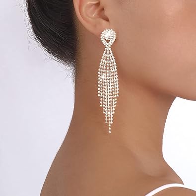 Photo 1 of Denifery Teardrop Crystal Chandelier Earrings Long Tassels Dangle Earrings Sparkling Rhinestone Ladies Gifts Statement Earrings Bridal Wedding Jewelry