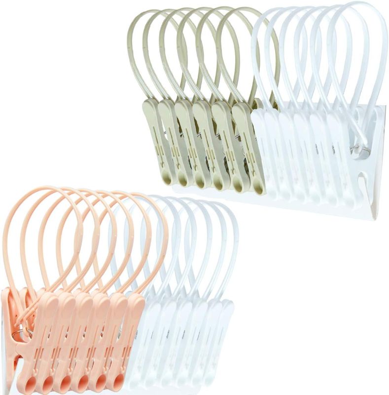 Photo 1 of Clothespins 24 Pack Small Mini Clothes Pins with Plastic Rope for Clothesline Cute Sturdy Clothing Closepins Chip Decorative Tiny Photo Clips Decoration Clothes Pins 6 Pink 6 Gray 12 White