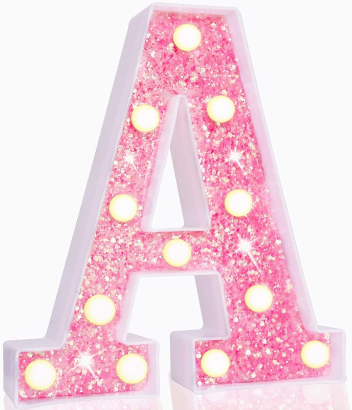 Photo 1 of Pooqla LED Marquee Letter Lights, Light Up Pink Letters Glitter Alphabet Letter Sign Battery Powered for Night Light Birthday Party Wedding Girls Gifts Home Bar Christmas Decoration, Pink Letter A