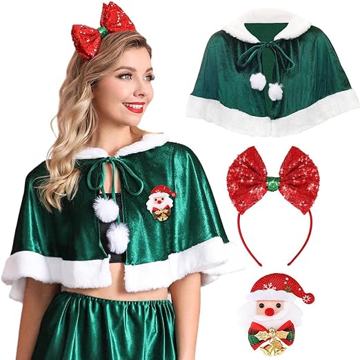 Photo 1 of EASEDAILY Christmas Cloak Red Mrs Santa Claus Cape Xmas Party Cosplay Costume Shawl with Brooch Hat Bow Headband for Women
