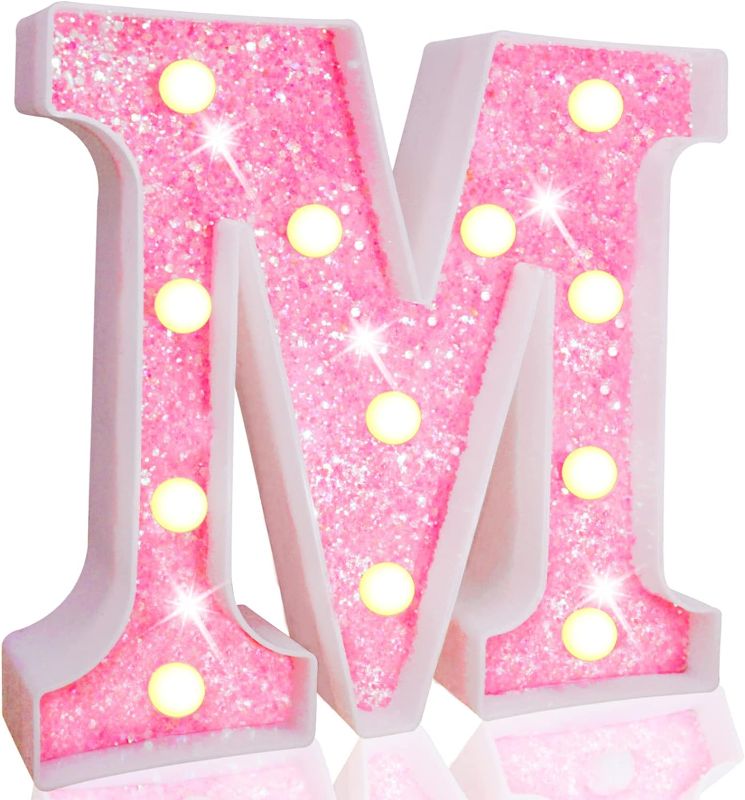 Photo 1 of Pooqla LED Marquee Letter Lights, Light Up Pink Letters Glitter Alphabet Letter Sign Battery Powered for Night Light Birthday Party Wedding Girls Gifts Home Bar Christmas Decoration, Pink Letter M