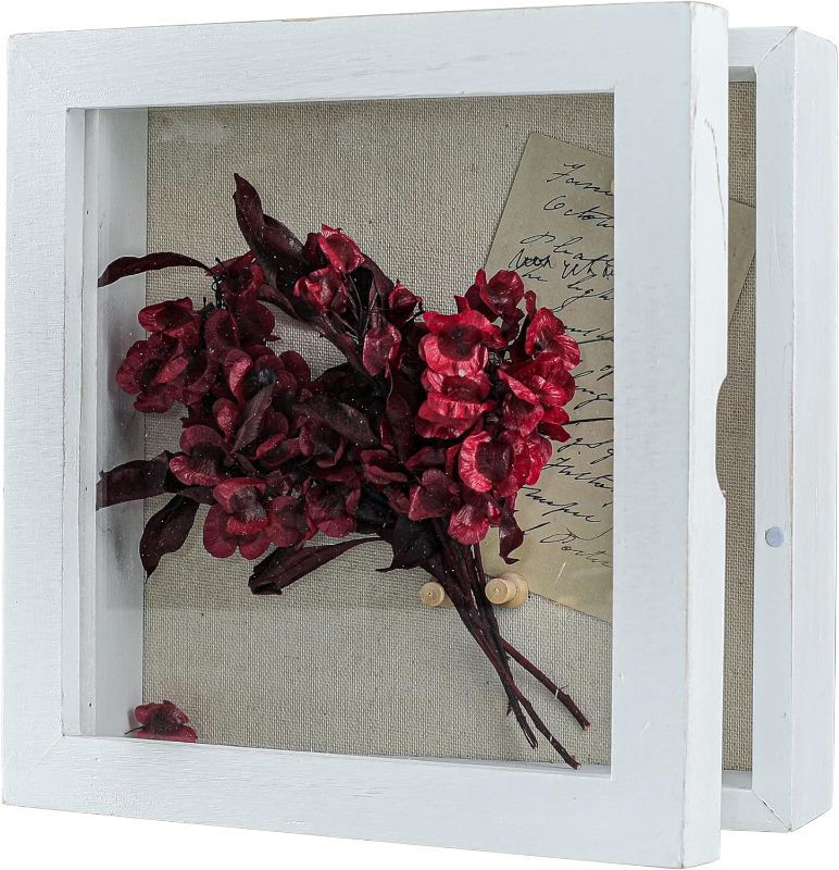 Photo 1 of Freezing point Shadow Box Frame 8x8 Shadow Boxes Display Case with Linen Back Memorabilia Awards Medals Bouquet Photos Picture Badge Wedding Memory Box for Keepsakes White Small Pin Board White