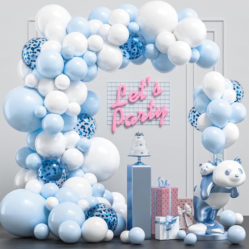 Photo 1 of Blue and White Balloons Garland Arch Kit, 124 Pcs 18/12/10/5 Inch Light Blue balloons Matte White Latex Balloons, Pastel Baby Blue Balloons with Blue Confetti Balloons for Birthday Party Decoration