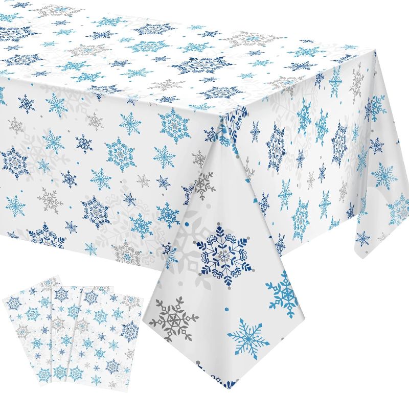 Photo 1 of Christmas Snowflake Tablecloth Winter Wonderland Table Clothes Plastic Blue and White Winter Holiday Snowflake Table Cover for Christmas Holiday Birthday Party Supplies, 54 x 108 Inch (3)