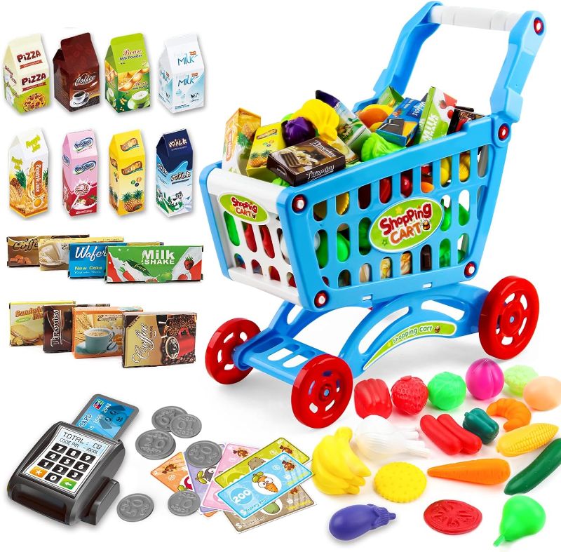 Photo 1 of deAO Kids Shopping Cart Trolley Play Set Includes 78 Grocery Food Fruit Vegetables Shop Accessories (Blue)