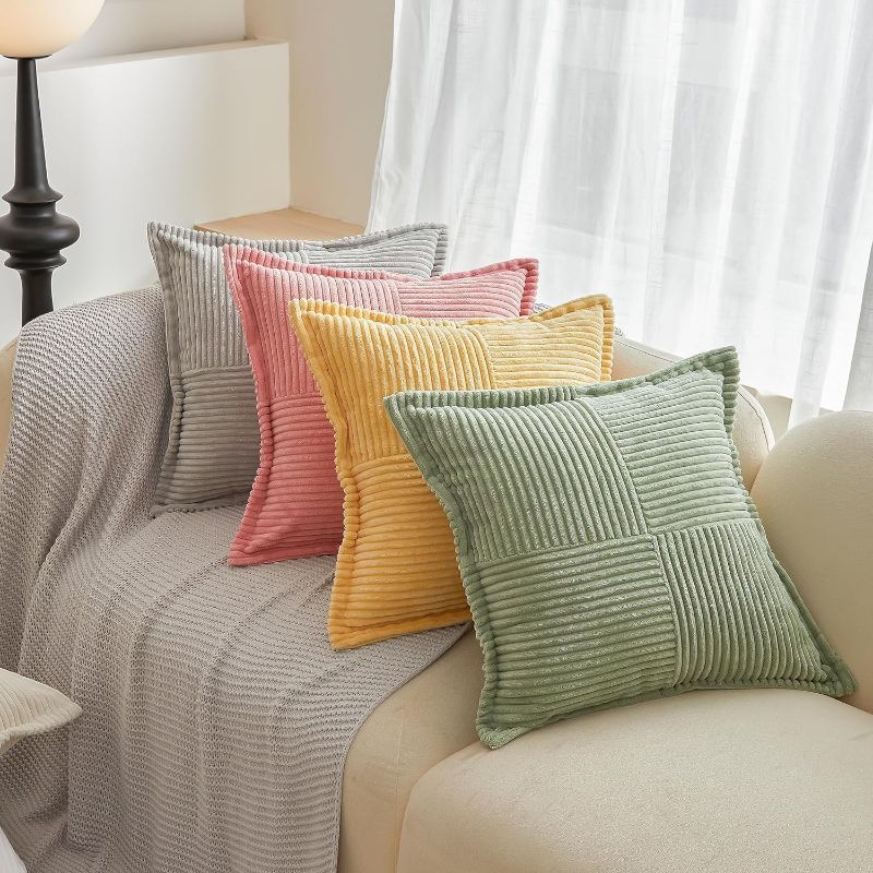 Photo 1 of Decorative Throw Pillows Covers 18x18 Inch 4 Packs Corduroy Striped Splicing Pillowcase Square Cushion Covers for Couch Sofa Bed,18 * 18Inches,Light Gray/Pink/Sage Green/Yellow