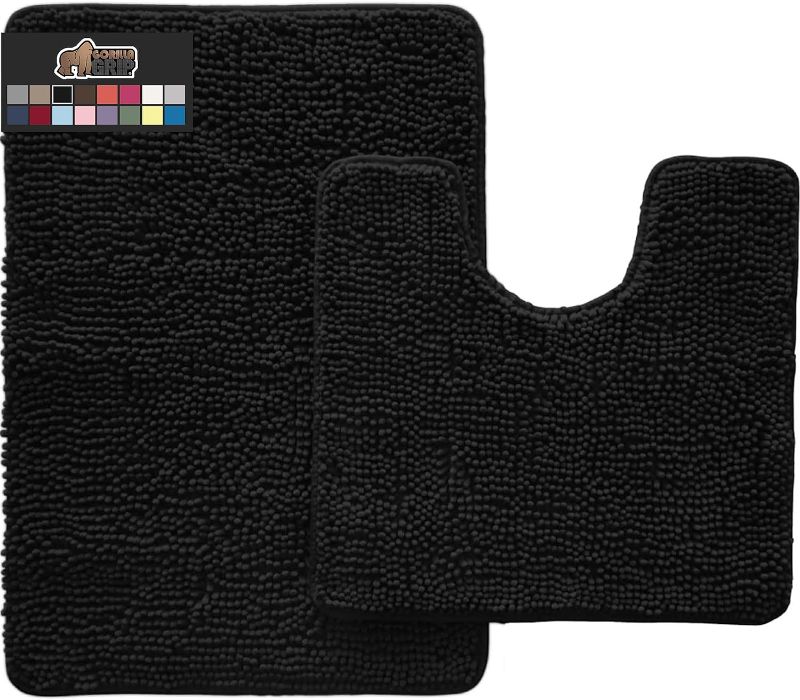 Photo 1 of Gorilla Grip Area Rug Set, Soft Chenille 2 Piece Sets, Toilet Base Mat & 30x20 Mat, Absorbent Washable Mats, Microfiber Dries Quickly, Rugs for Home, Kitchen, Bath Tub, Bathroom, Black