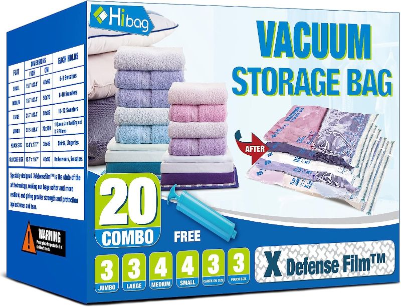 Photo 1 of HIBAG Vacuum Storage Bags, Space Saver Vacuum Seal Storage Bags 20-Pack Sealer Bags for Clothes, Clothing, Bedding, Comforter, Blanket (20C)