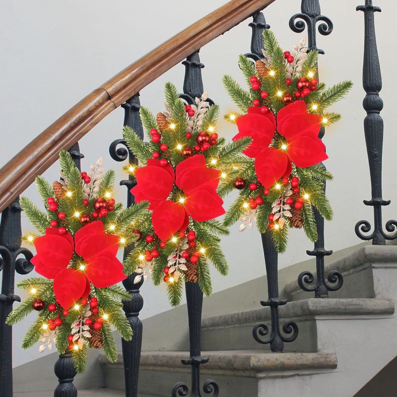 Photo 1 of 3 Pcs Christmas Swag Prelit Teardrop Swag Christmas Wreaths Staircase Decoration Artificial Stairs Christmas Garland with Lights Stairway Swag for Front Door