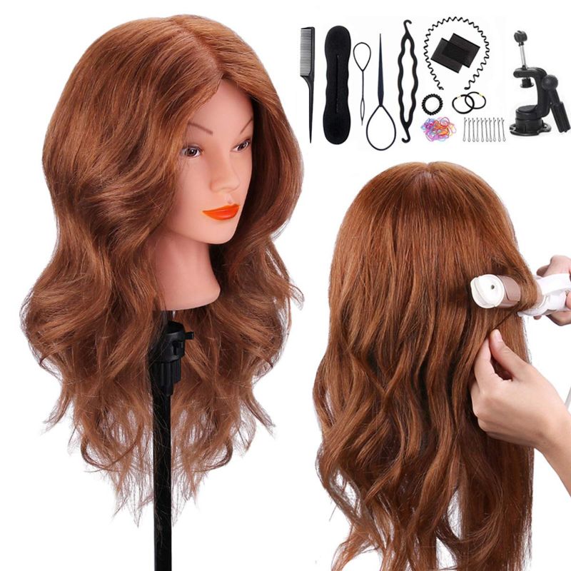 Photo 1 of TopDirect Mannequin Head with 100% Human Hair, 18" Dark Brown Real Hair Cosmetology Mannequin Head Hair Styling Hairdressing Practice Training Doll Head with Clamp Holder and Tools