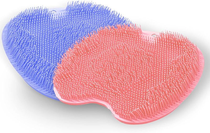 Photo 1 of 2Pcs Shower Foot Massager Scrubber Mat with Non-Slip Suction, Smooths, Exfoliates & Massages Your Feet and Back Without Bending, Improve Foot Circulation, Silicone Back Washer, Pink & Blue