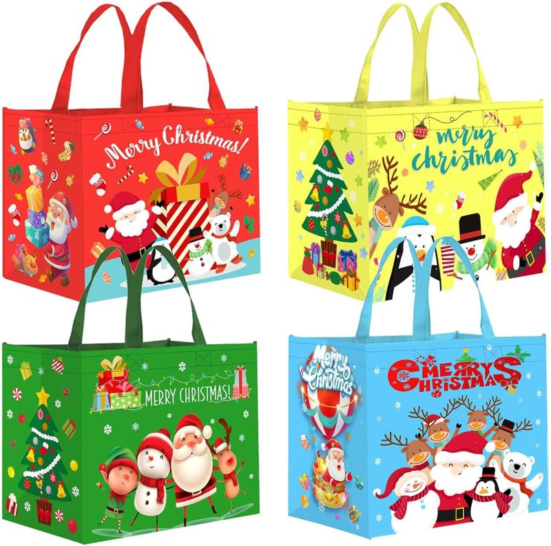 Photo 1 of 12PCS Extra Large Christmas Tote Bags with Handles Reusable Christmas Shopping Bags Large Christmas Bags for Gifts Christmas Grocery Totes for Holiday Xmas Party 15.2"x12.2"x8.3"