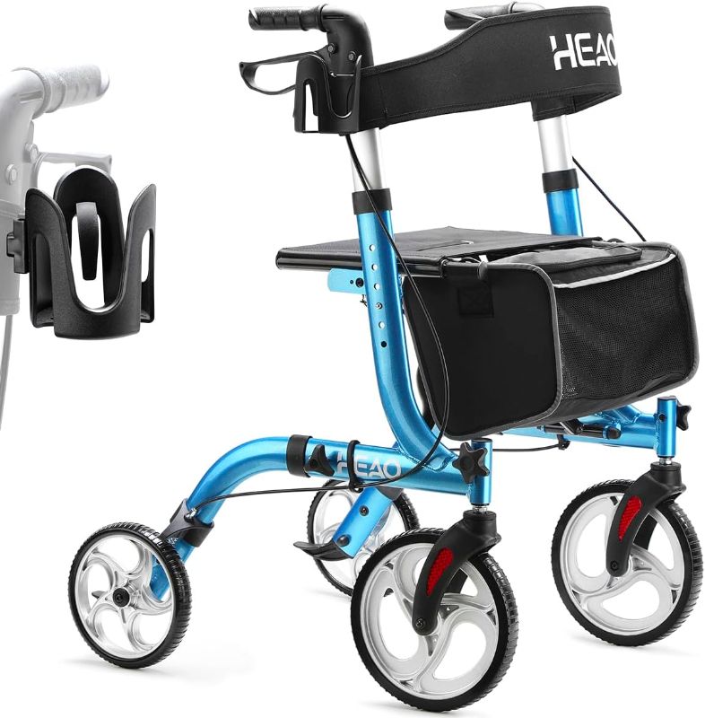 Photo 1 of HEAO Rollator Walker for Seniors, Rolling Walker with Cup Holder & 10" Wheels, Lightweight Mobility Walking Aid with Seat Compact Folding, Blue