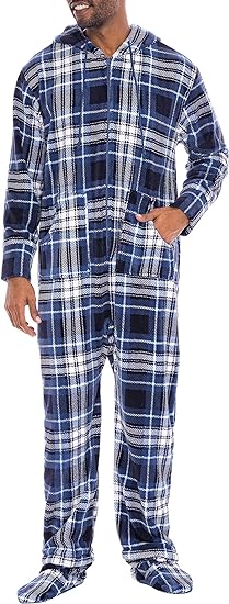 Photo 1 of Alexander Del Rossa Men's Warm Fleece One Piece Hooded Footed Zipper Pajamas Set, Soft Adult Onesie Footie Hood Winter