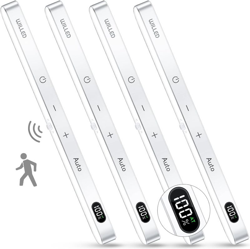 Photo 1 of WILLED Motion Sensor Light Indoor, Battery Display, 60 LED Touch Light Bar, Under Cabinet Lights Rechargeable, Battery Operated Closet Light Wireless, Stick on Under Counter Lights for Kitchen(4 Pack)