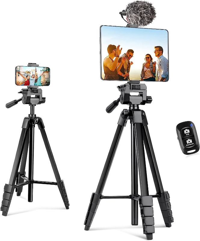 Photo 1 of Aureday Phone Tripod Stand, 64” Extendable Cell Phone&Camera Tripod with Wireless Remote and Phone Holder, Aluminum iPad Tripod for Video Recording/Selfies/Live Stream/Vlogging Black
