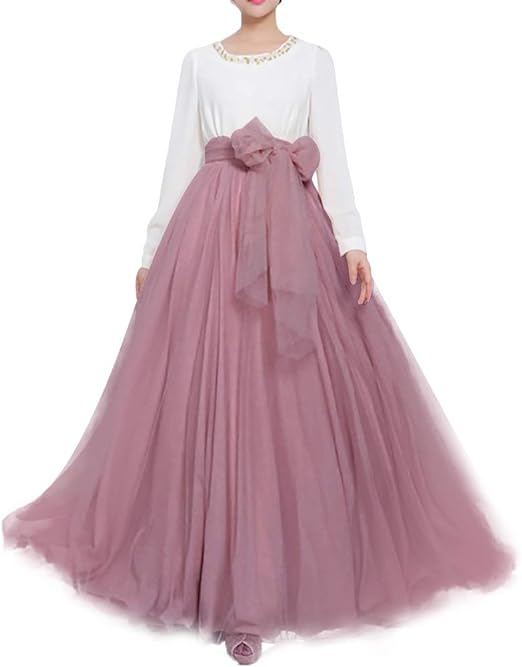 Photo 1 of Women Wedding Long Maxi Puffy Tulle Skirt Floor Length A Line with Bowknot Belt High Waisted for Wedding Party Evening