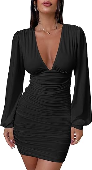 Photo 1 of Mokoru Women's Sexy Ruched Bodycon Long Sleeve V Neck Mini Party Cocktail Dress