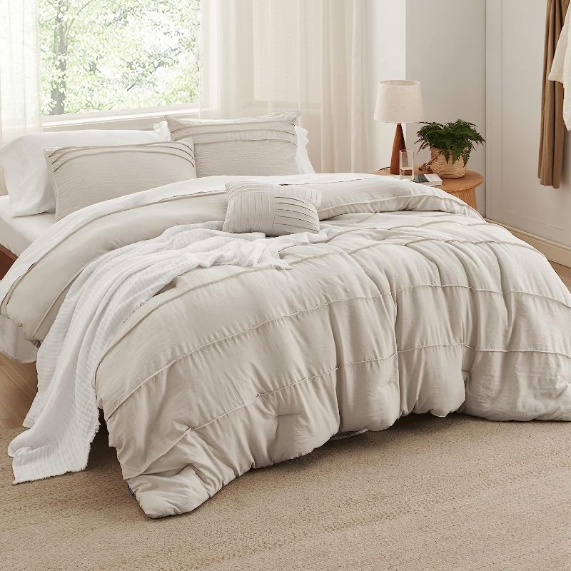 Photo 1 of Bedsure Beige Queen Comforter Set - 4 Pieces Pinch Pleat Bed Set, Down Alternative Bedding Sets for All Season, 1 Comforter, 2 Pillowcases, 1 Decorative Pillow