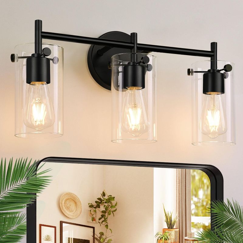 Photo 1 of Bathroom Light Fixtures 2023 Upgrade, 3-Light Matte Black Bathroom Vanity Light, Black Bathroom Lights Over Mirror with Clear Glass Shade, Bathroom Wall Sconces for Mirror Bedroom Living Room Hallway