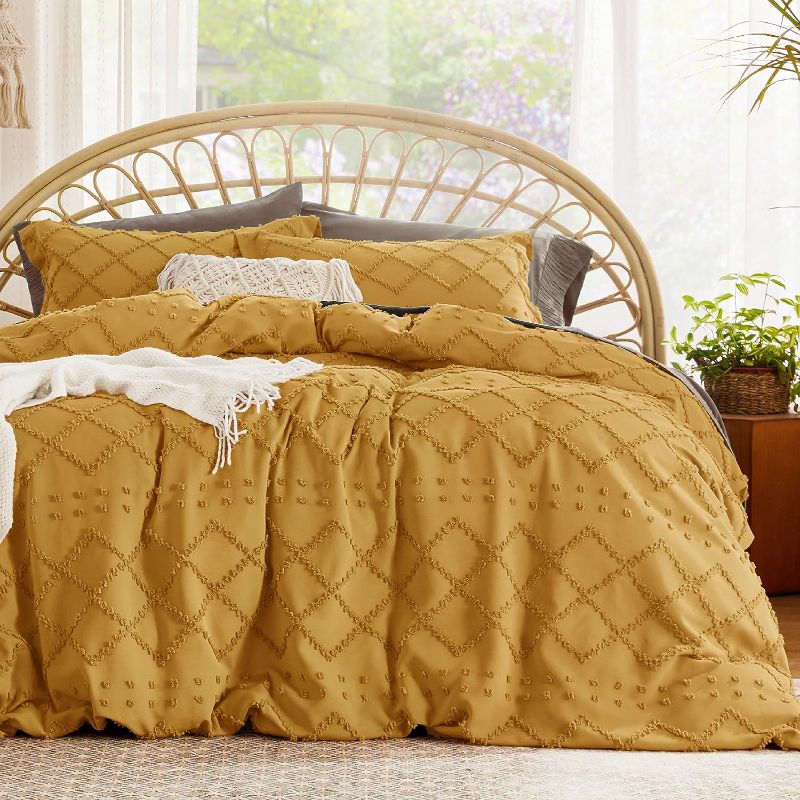 Photo 1 of Bedsure Boho Duvet Cover Queen - Boho Bedding, Tufted Queen Duvet Cover for All Seasons, Embroidery Shabby Chic Home Bedding Duvet Cover (Mustard Yellow, Queen, 90x90)