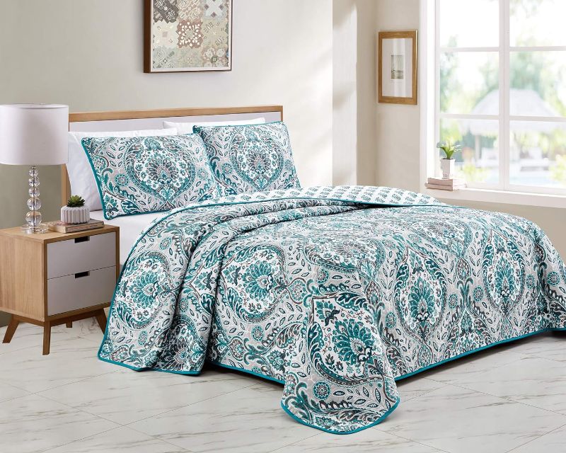 Photo 1 of Linen Plus Quilted Coverlet Bedspread Set Turquoise Teal Grey Charcoal White New # Lori (King/Cal King)