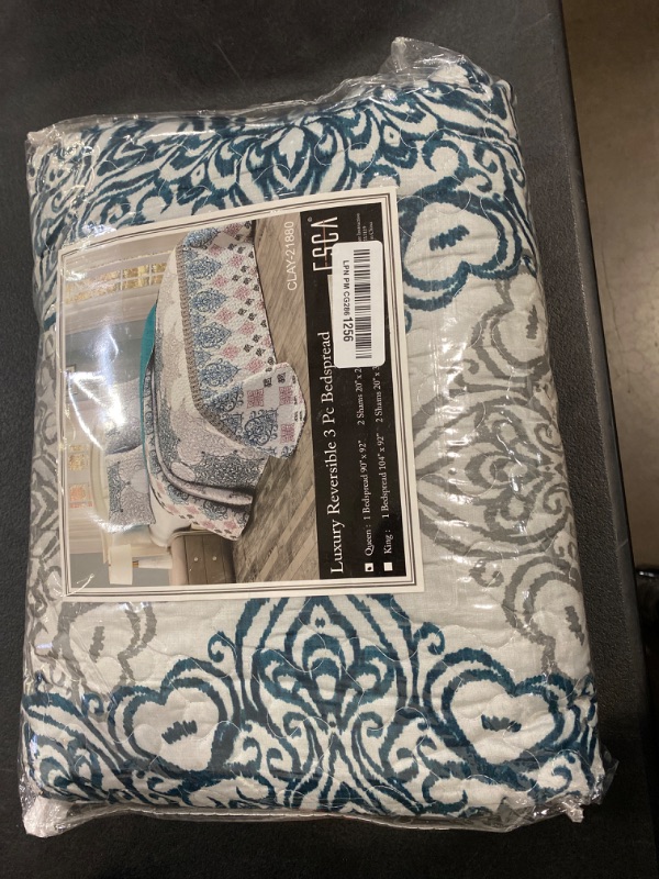 Photo 2 of Linen Plus Quilted Coverlet Bedspread Set Turquoise Teal Grey Charcoal White New # Lori (King/Cal King)