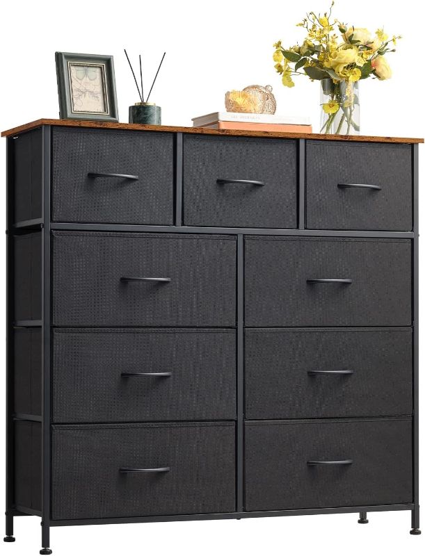 Photo 1 of Somdot Dresser, 9-Drawer Fabric Storage Tower for Bedroom, Nursery, Entryway, Closets, Tall Chest Organizer Unit with Large Capacity Fabric Bins - Black/Rustic Brown