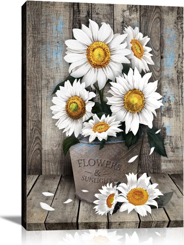 Photo 1 of Framed Rustic Farmhouse White Sunflower Wall Art Decor for picture print Floral Vintage Wood Grain Canvas Artwork for Living Room Bedroom Bathroom Office Hotel Modern Home ready to hang 12x16inch