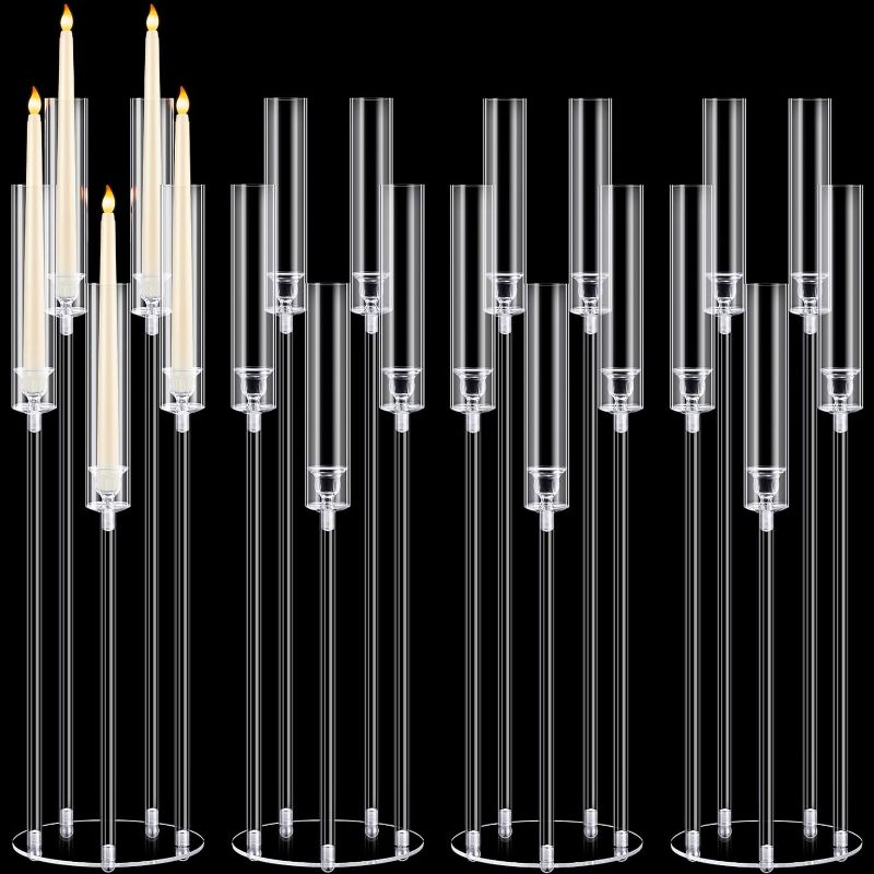 Photo 1 of 4 Pcs Acrylic Candelabra Centerpieces Clear Candle Holder Crystal 5 Arm Candlesticks Holder with Acrylic Shade Pillar Taper Candlestick for Wedding Dinner Party Fit 0.87 LED Candle (Classic)